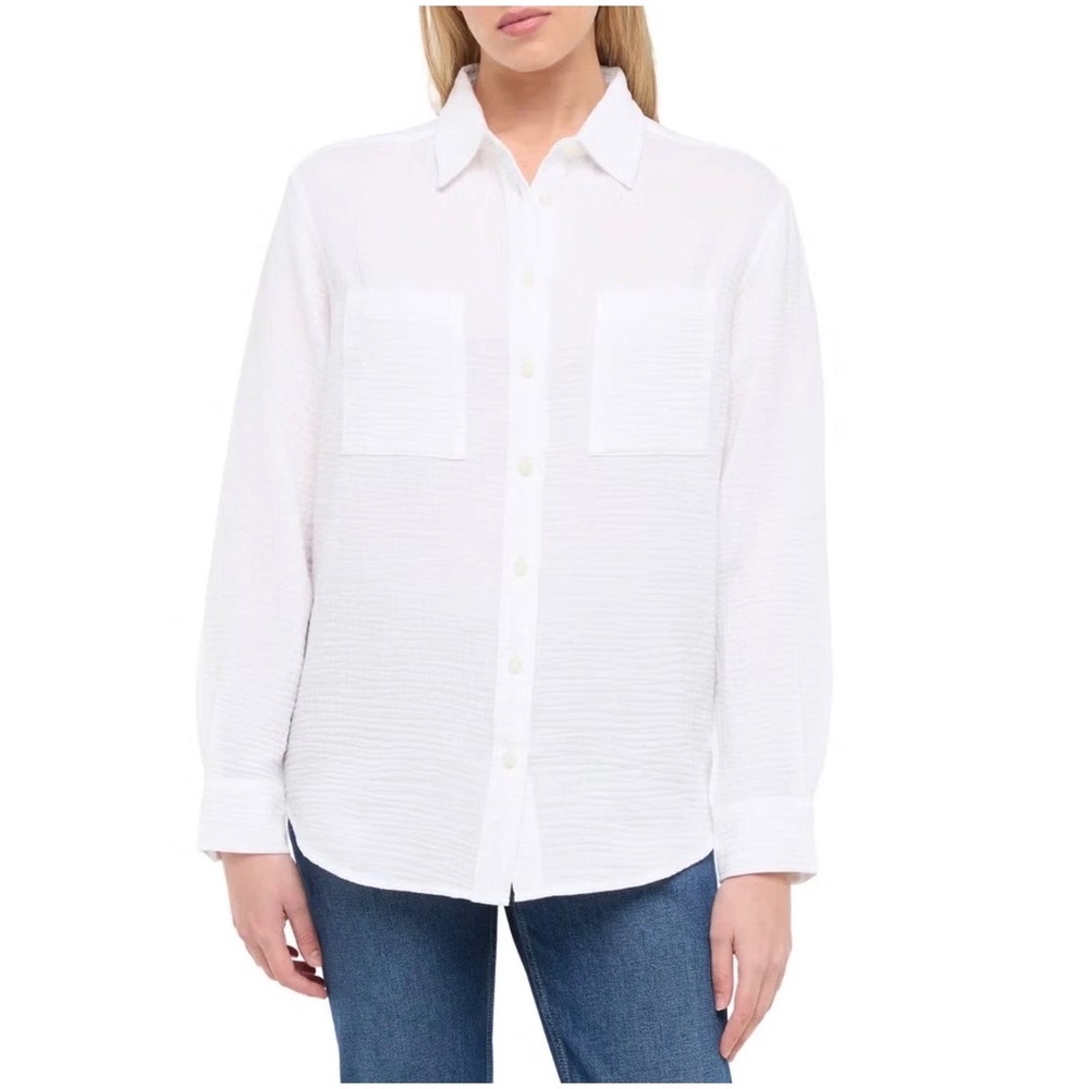 GAP Womens White Crinkle Gauze Cotton Button Down Shirt •M• Long Sleeve Layering